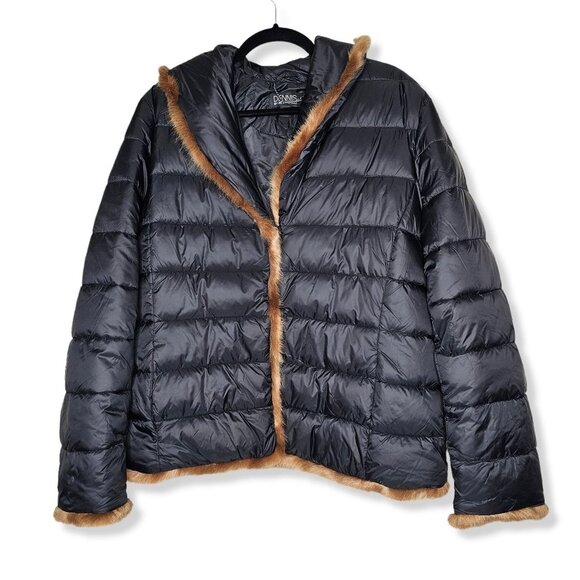 Dennis Basso Size Large Black Quilted Jacket WIth Fauz Mink Trim Puffer - Picture 1 of 7